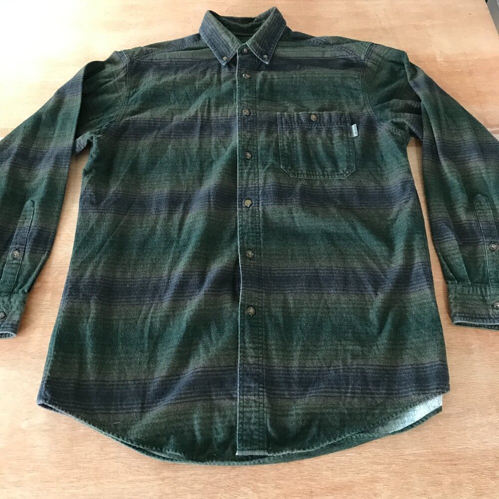 Woolrich Flannel Shirt Men L Green Striped Button Down Pocket Long Sleeve 18894